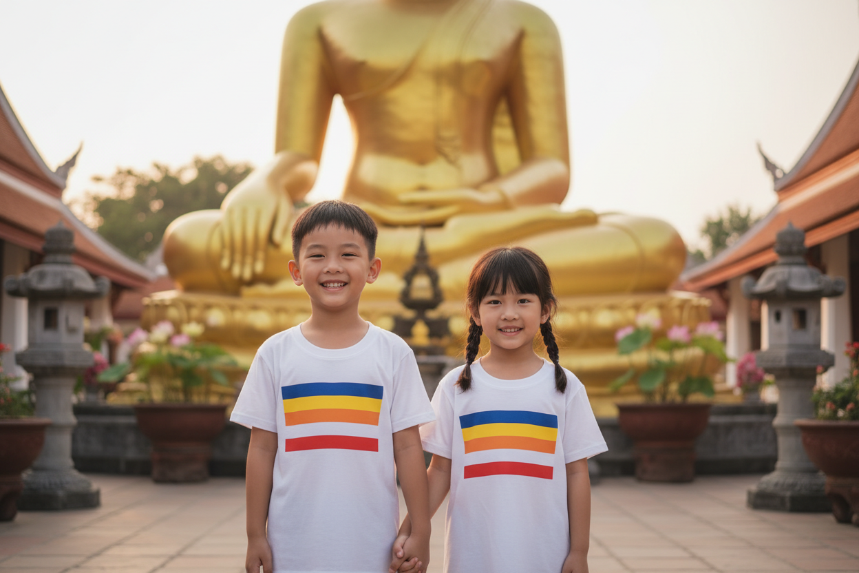 boy & girl kids wearing buddhist flag t shirt with background of buddha 