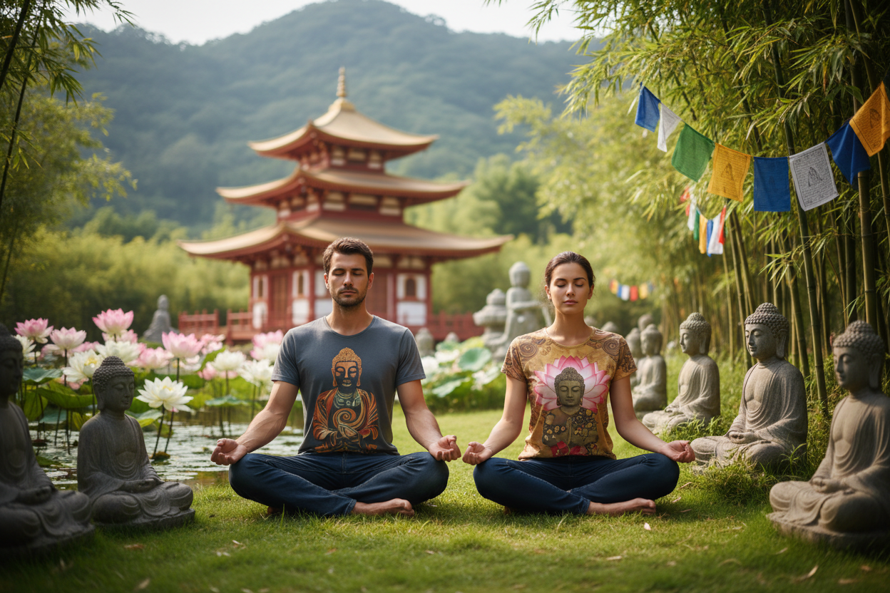 male & female model doing meditation and wearing buddha t shirt in the garden with buddhist backgrund