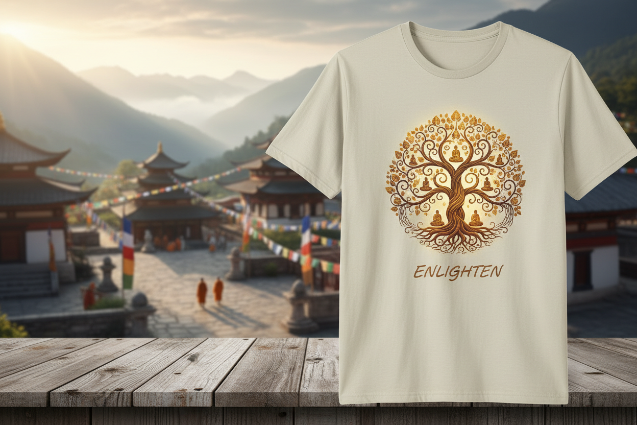T SHIRT MOCK UP WITH BODHI TREEE AND BACKGROUND OF A BUDDHIST MOCK 